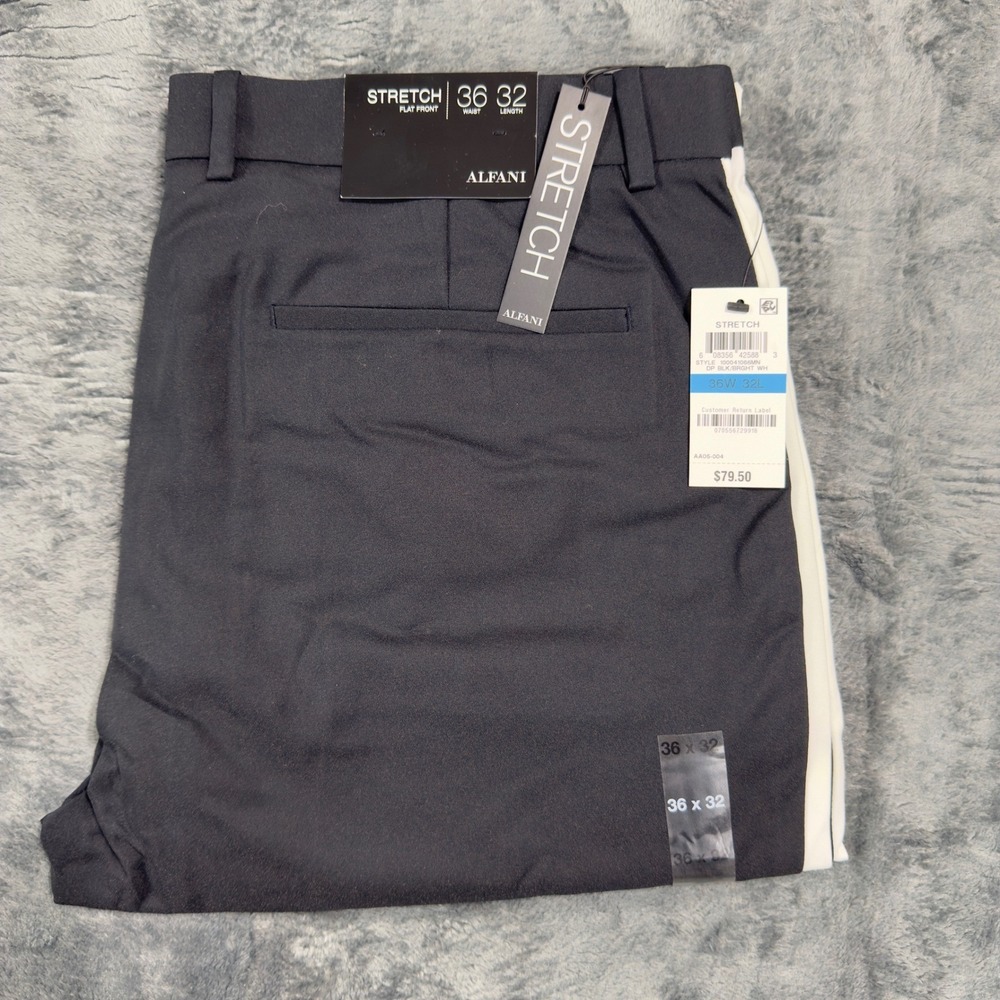 Alfani Mens Stretch Flat Front Pants Black White Side Stripe 36x32 NWT